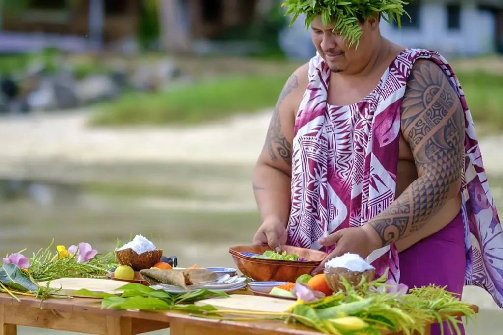Un homme tahitien avec de grands tatouages exécute un atelier de cuisine sur une table extérieure au Tiki Village de Moorea
