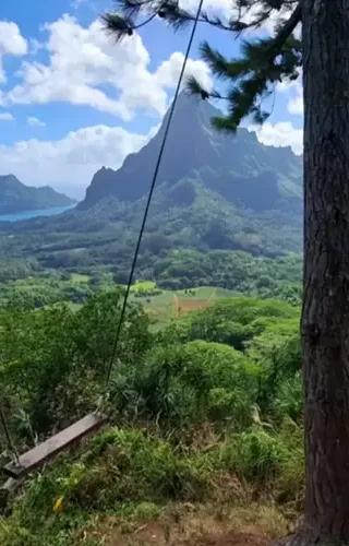 La Balançoire de la randonnée des trois pinus à Moorea avec une vue panoramique sur la baie d'Opunohu