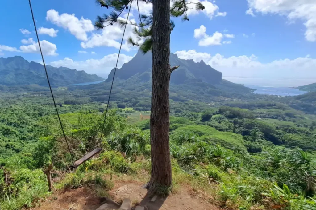 La balançoire des 3 Pinus à Moorea. Vue sur le mont Rotui