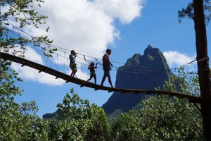 Participants traversant un pont suspendu en hauteur au Tiki Parc avec les reliefs de Moorea en arrière-plan