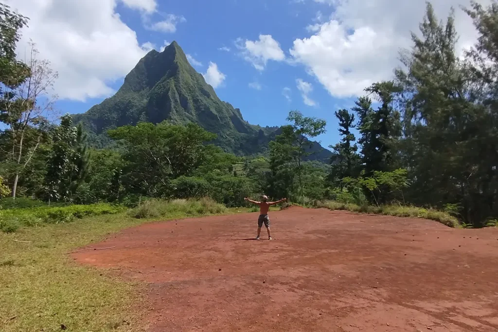 Un homme sur la plateau du Bounty à Moorea. Il lève les bras au ciel et regarde le mont Rotui au fond.