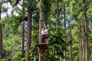 Enfant équipé d’un baudrier sur une plateforme en hauteur dans la forêt du Tiki Parc à Moorea
