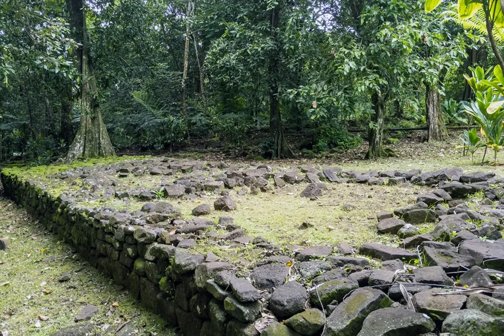 Un marae Tahitien en mauvais état. Les pierres qui le constitue sont délacé et enfouies sous les herbes