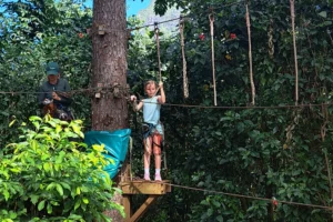 Enfants équipés de baudriers sur un pont de corde du Tiki Parc à Moorea