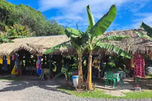 Petit marché tropical avec paréos et souvenirs polynésiens près du Fare Faa Roa à Moorea