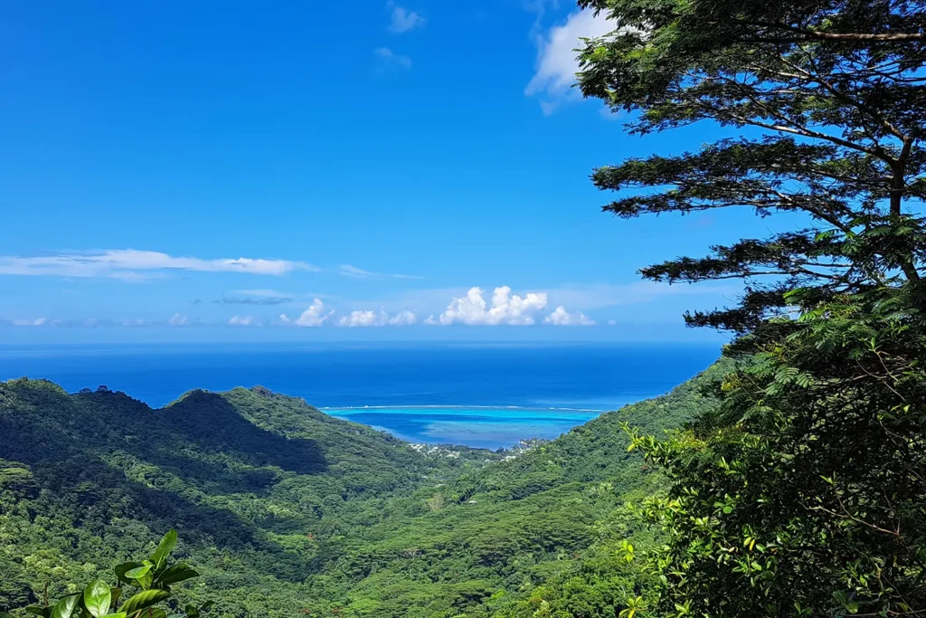 Vue sur le lagon bleu et la vallée verdoyante lors d’un tour privé de randonnée près du col des Trois Cocotiers à Moorea.