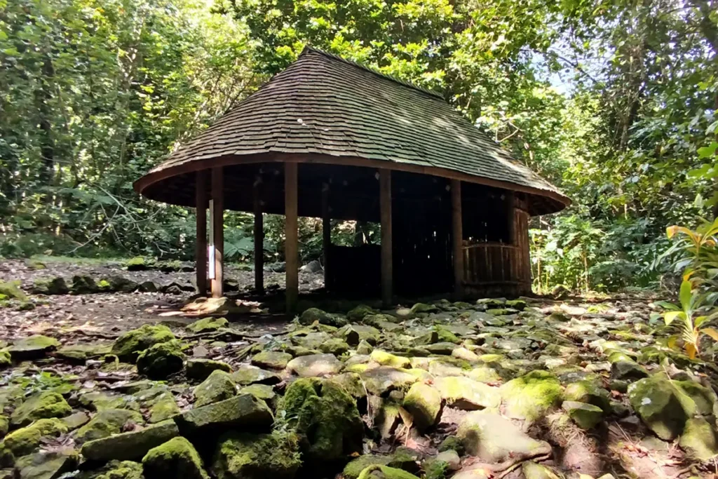 Une reconstitution d'un ancien fare polynésien en bois sur le sentier des ancêtres à Moorea