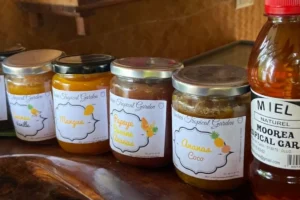 Jars of mango, papaya, pineapple and coconut jam with local honey at Moorea Tropical Garden