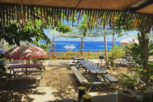 Terrasse ombragée du Moorea Tropical Garden avec vue panoramique sur le lagon et les montagnes
